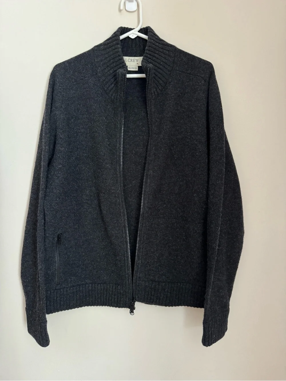 J.Crew Men’s XL 100% Lambswool Full Zip Sweater Charcoal Gray Mock Neck
